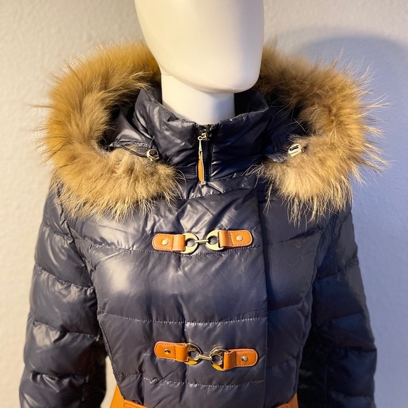 NWT WOMEN WINTER DOWN PUFFER REAL RACCOON FUR TRIM HOOD NAVY‎ PARKA COAT JACKET - Picture 10 of 11